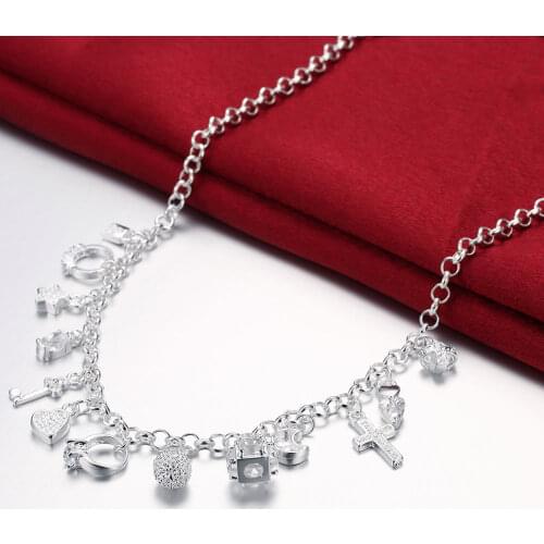 Factory Direct 925 Sterling Silver 18 inch Shiny zircon key moon heart star cross All-match necklace Christmas gift fine Jewelry