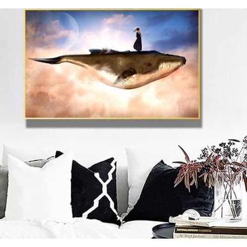 Surreal Scene Woman and Whale Poster Animal Poster Canvas Painting Wall Art Print Pictures for Kids Room Living Room Decor