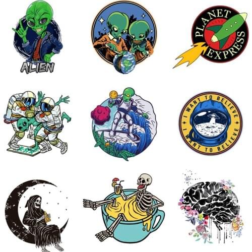 Punk Alien Iron on Transfer Heat Vinyl Transfer Patches for Clothes Rocket Thermal Sticker Skull/Punk Heart Applique Stickers
