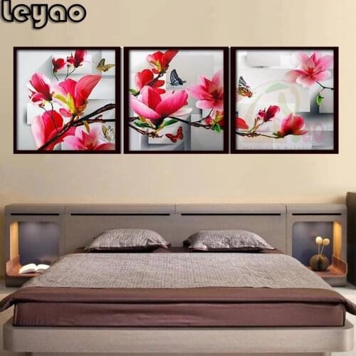 Diamond Embroidery Triptych Magnolia And butterflies Mosaic Full Square 5d Diy Diamond Painting Flower Cross Stitch Home Decor