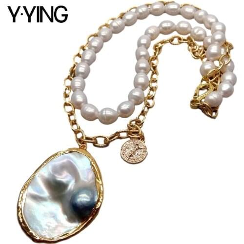 Y·YING Freshwater White Rice Pearl Chain Necklace Gray Mabe Pearl Pendant 18"