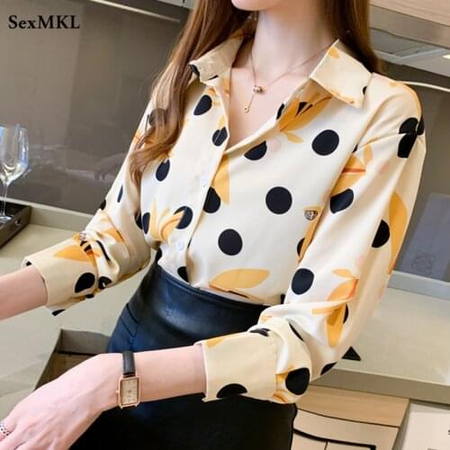 Fashion Long Sleeve Button Up Shirt Women 2021 Autumn Polka Dot Printed Chiffon Blouses Elegant French Y2k Office Ladies Tops XL