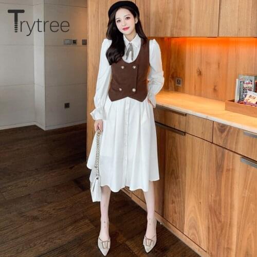 Trytree 2021 Spring Autumn Two piece Women set Casual Pockets Double Breasted Vest + Bow Shirt Dress Office Lady 2 Piece Suit