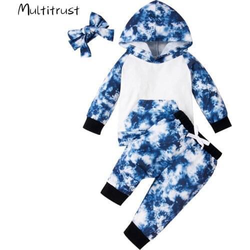 2020 Toddler Autumn Suit Tie-Dye Long Sleeve Hoodie with Pocket + Pants + Bowknot Hairband 3pcs For Girls Size 0-3Y