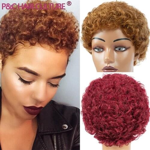Afro Curly Wig Blend Human Hair Pixie Cut Wigs For Black Women Blond Short Curly Wig Full Machine Made Glueless High Quality
