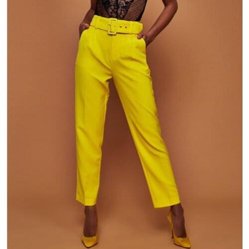 Women Casual Pants High Waist Belted Straight Leg Slacks Office Lady Suit Pants Women Trousers