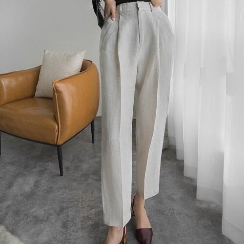 New arrival fashion korean spring long pants women OL temperament pleated high-waist cotton linen comfortable simple trousers