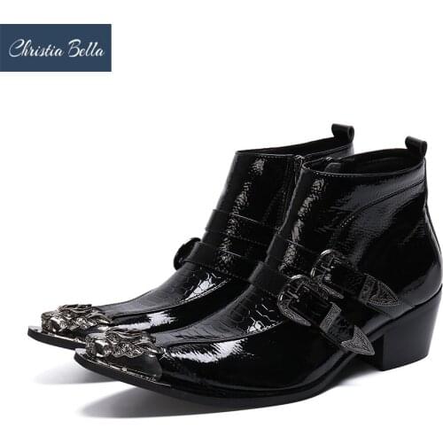 Christia Bella Solid Men Shoes Genuine Leather Boots New Fashion Simplicity Metal Pointed Toe Boots Big Size Short Buckle Boots