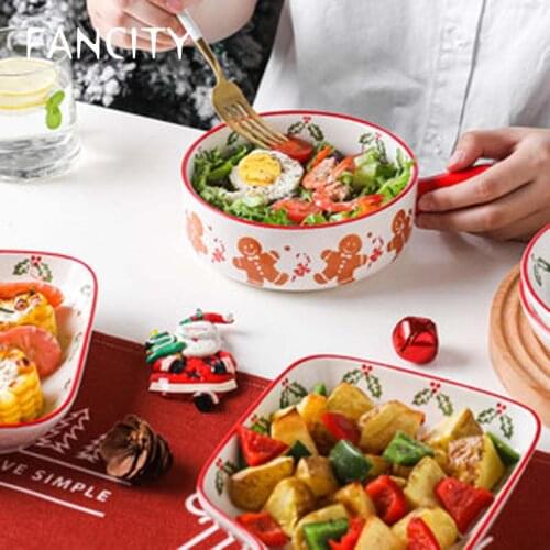 FANCITY Christmas gingerbread man cheese baked rice baking tray oven household creative ceramic tableware net red handle plate
