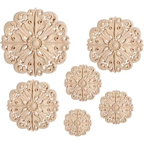 10/12/15/20/24/30cm Wood Carved Applique Round Onlay Woodcarving Decal Unpainted Decorative Flower Home Furniture Walls Decor