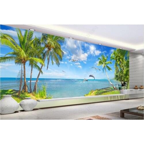 Custom mural 3d photo wallpaper Blue sky and white clouds beautiful seascape dolphin decor living room wallpaper for walls 3 d