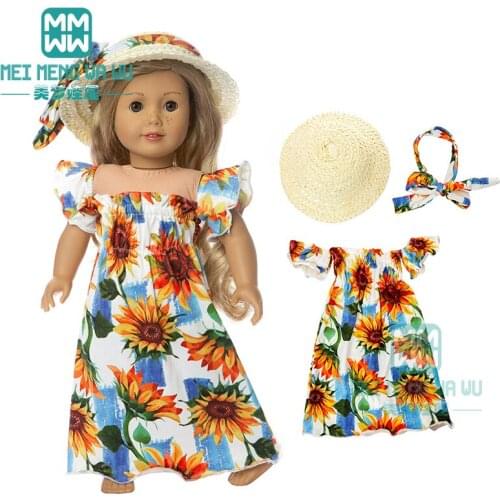 Doll Clothes Off-the-shoulder dress + straw hat for 18 Inch American Doll&43 Cm Baby Doll Our Generation Girl`s Toy