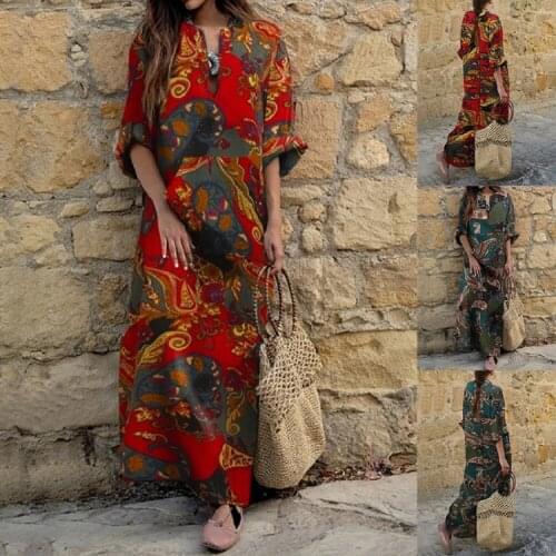 2020 Bohemian abstract graphic print V-neck long-sleeved vintage dress