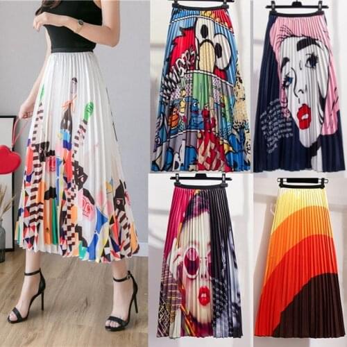 Pleated Skirt Women Summer 2020 New Print Cartoon Pattern Empire Elastic Women Skirt Big Swing Party Holiday high waist skirt