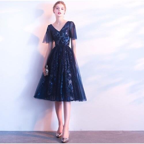 Simple V-neck Short Prom Dresses Sparkle Lace Formal Party Gowns Vestido De Baile Curto Knee Length Navy Blue Prom Dresses