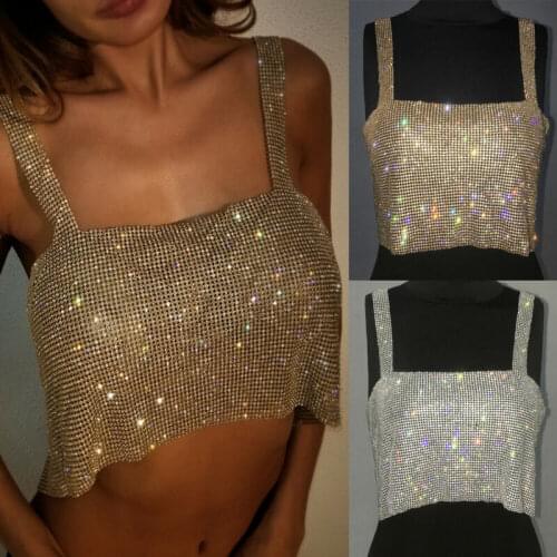 Adjustable Tees Club Women Party Tank Tops Metal Mesh Strap Sheath Draped Spark Diamonds Neck Halter Backless Sexy Pullover 2019