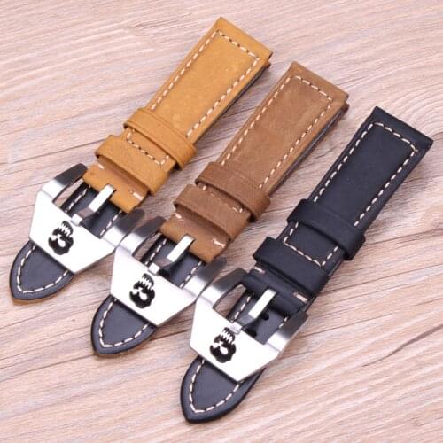 22mm 24mm Italy Genuine Leather Vintage Watch Band Strap Men Women Brown Yellow Black Bracelet Wristwatches With Skull Buckle