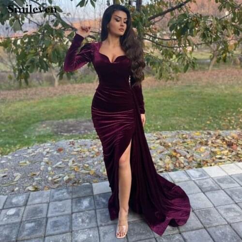 Smileven Arabic Mermaid Evening Dress Long Sleeve Side Split Morocco Kaftan Soft Velvet Prom Party Gown
