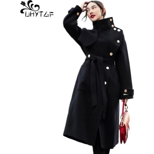 UHYTGF Autumn Winter Cashmere jacket Women Cashmere Warm Coat Womens belt splice High-end fashion Female Woolen Overcoat X687