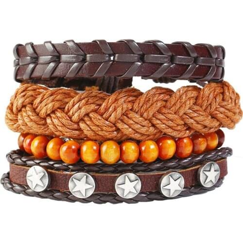 Vintage Ethnic Fashion Multi-layer Leather Bracelets Set for Men Women Star Beads Charm Bangles Wristbands Handmade Punk Jewelry