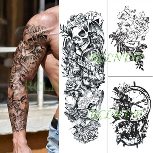 Waterproof Temporary Tattoo Stickers dark skull full arm sleeve flowers watch flower arm fake tatto flash tatoo for men women