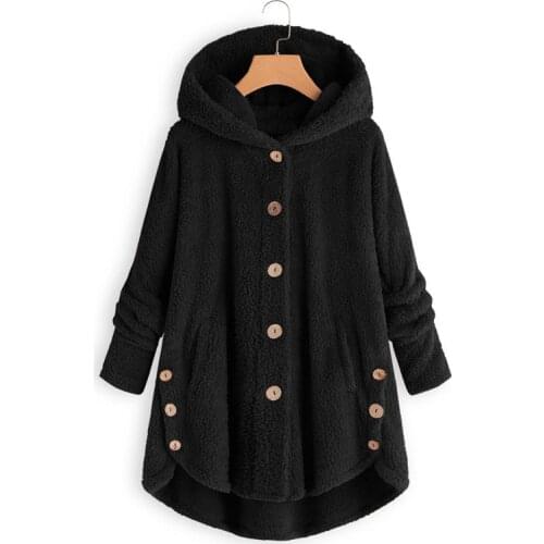 B Autumn Loose large size womens jacket casual hooded solid color button womens fleece long coat trend street fashion womens