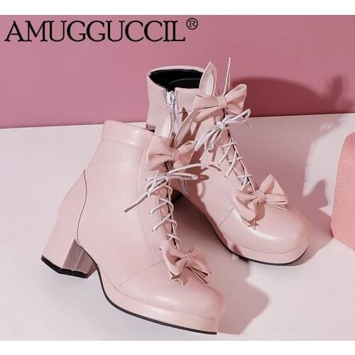 2021 New Plus Big Size 30-48 Black White Yellow Brown Purple Pink Lace Up Bow-knot Sweet Autumn Female Lady Women Boots X2006