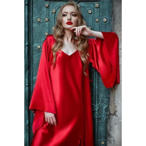Two-Piece Chinese Red Ladies Bathrobe Solid Sexy Beautiful Party Evening Nightwear Long Sleeves V-Neck Sleepwear