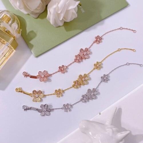2021 New Famous Brand Pure 925 Sterling Silver Luxury Jewelry Bracelets For Women Gold Color Flowers Sweet Romantic Luck Clover