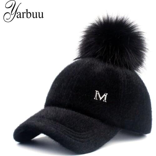 [YARBUU] New brand baseball caps 2017 winter cap for women Faux Fur pompom ball cap Adjustable Casual Snapback hat cap