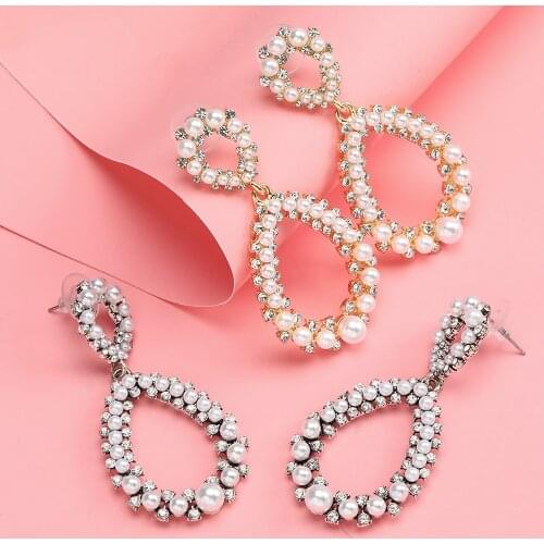 2020 Newest Geometric Water Drop Big Drop Earrings Women Inlay Rhinestone Pearl Long Earring Femme Statement ZA Earrings Jewelry