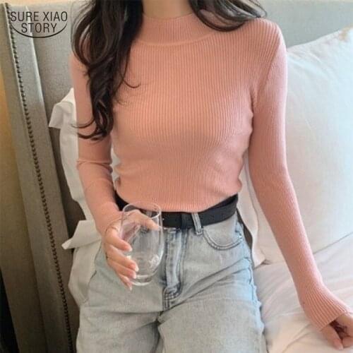 2021 Solid Slim Sweater Spring Knitted Bottomed Shirts Women Autumn Gentle Long Sleeve Pullover Fashion Korean Tops Cotton 15987