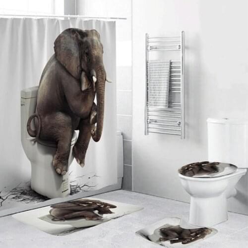 Elephant 3D Shower Curtain Set with Mat Carpet Bathroom Toilet Cover Waterproof Bath Pad Non Slip Rug Sets Home Decoration