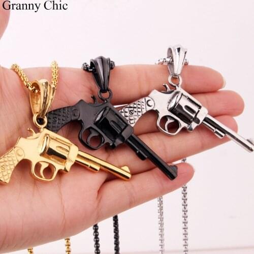 Granny Chic Fashion Mens Punk Silver/Black/Gold Stainless Steel Army Revolver Gun Pendant Box Necklace free