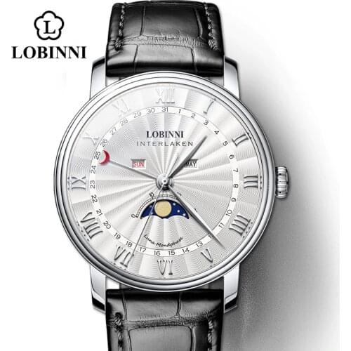 Switzerland LOBINNI Men Luxury Brand Watch Men Sapphire Montre Waterproof Moon Phase Japan Quartz Movement Male Wristwacth