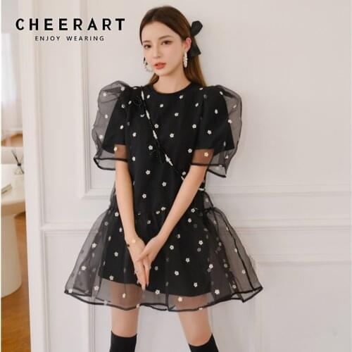 CHEERART 2 Piece Korean Fashion Mesh Tulle Dress Summer 2021 Kawaii Cute Puff Sleeve Ball Gown Sheer Girls Puffy Dress Women