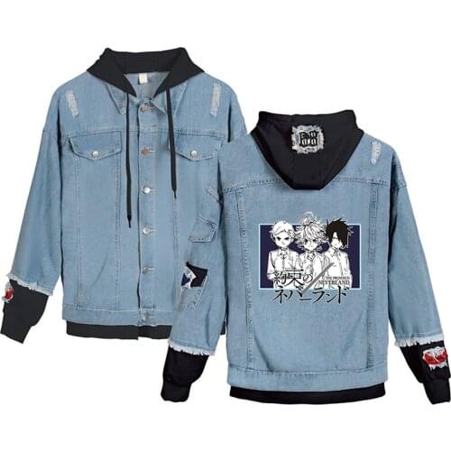 Anime Cartoon The Promised Neverland Denim Jacket Sweatshirts Fashion Men Women Long Sleeve Fake Two Pieces Jean-Jackets Hoodies