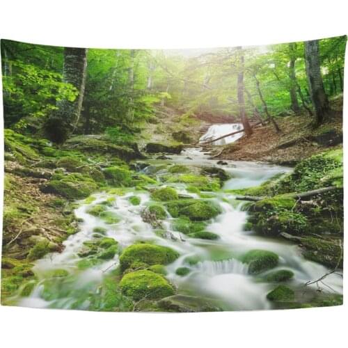 Tapestry Green Rain Forest Waterfall and Rocks Covered with Moss Water Creek Tapestries Wall Hanging for Living Room Bedroom