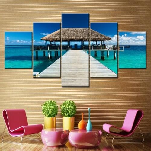 Canvas Painting Seaside cottage summer landscape 5 Pieces Wall Art Painting Modular Wallpapers Poster Print Home Decor