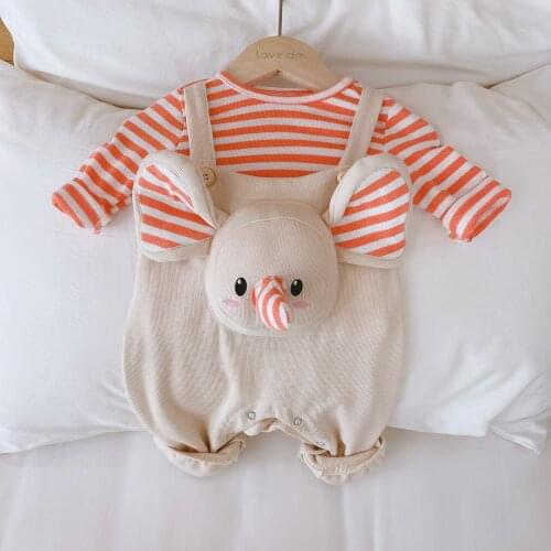 2021 Newest Newborn Outfits Spring Baby Elephant Shirts Baby boy Girls Striped Top + Strap Jumpsuit Sets Lovely Clothing