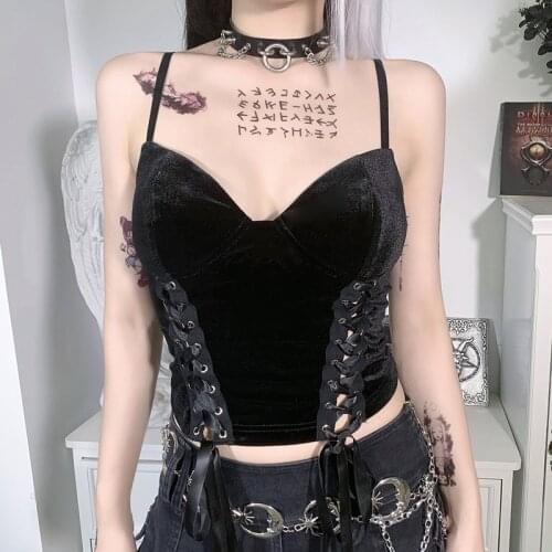 Summer Vintage Streetwear Sexy Women Party Club Black Bandage Sling Punk Gothic Fashion Backless Hot Girl Camisole