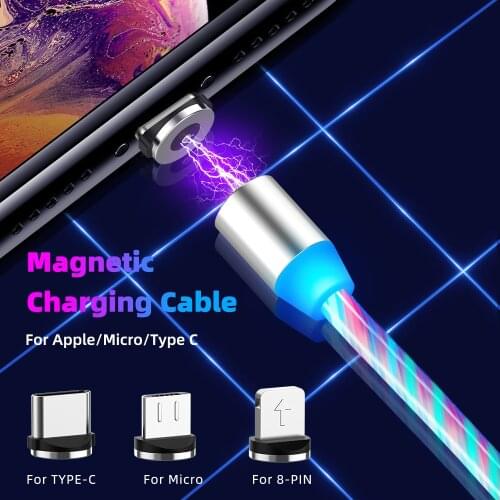 LED Magnetic Fast Charging Cable Lighting USB Type C Cable Micro Charger Cables Wire Glow Cord For iPhone Huawei Samsung Kable