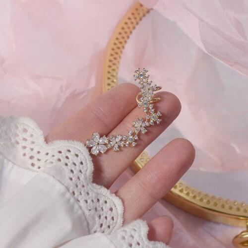 14k Real Gold Fashion Jewelry Micro-inlaid Zircon Blooming Flower Luxury Ear Bone Clip Earrings for Woman Shine Holiday Earring