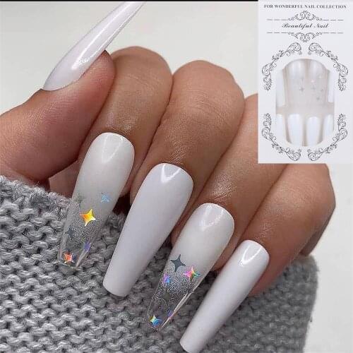 24Pcs White Gradient Laser Star/Butterfly Long Ballerina Fake Nails Full Cover Coffin Nail Art Tips Artificial Fingernail Decor