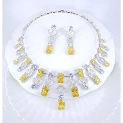 2021 New fashion luxury YELLOW square zircon necklace earring jewelry set wedding bridel banquet party dinner dressing jewelry