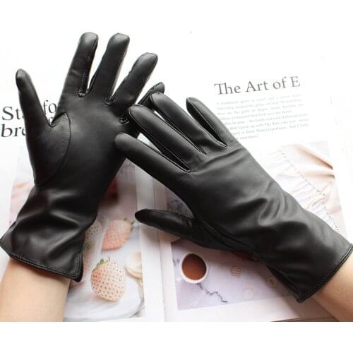 Bickmods New Womens Leather Gloves Autumn And Winter Warm Velvet Lining Straight Style Black Sheepskin Gloves