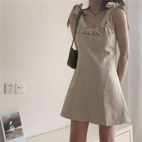 Waist Mini Tank Dress Cotton Linen Sleeveless Short Sundress Women Summer Bow-Tie Strap Slim