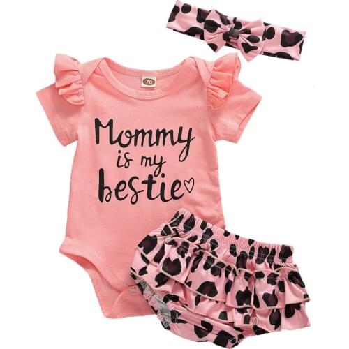 Newborn Toddler Baby Girls Clothes Short Sleeve Romper Tops Leopard Ruffle Shorts Headband Outfits Set 0-24M