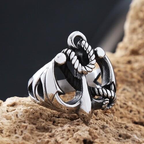 Vintage Nordic Pirate Stainless Steel Anchor Ring Mens Punk Hip Hop Hollow Biker Sailor Viking Ring Amulet Jewelry Gift