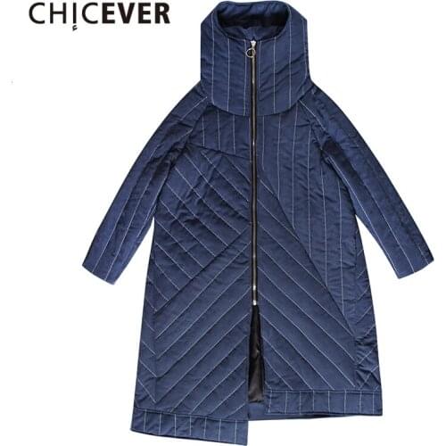 CHICEVER Striped Womens Parkas Coat Hooded Long Sleeve Zipper Asymmetric Long Winter Coats Female Fashion Streetwear Tide 2020